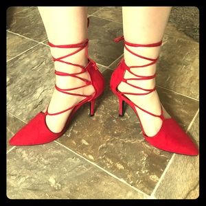 Qupid red lace up heels